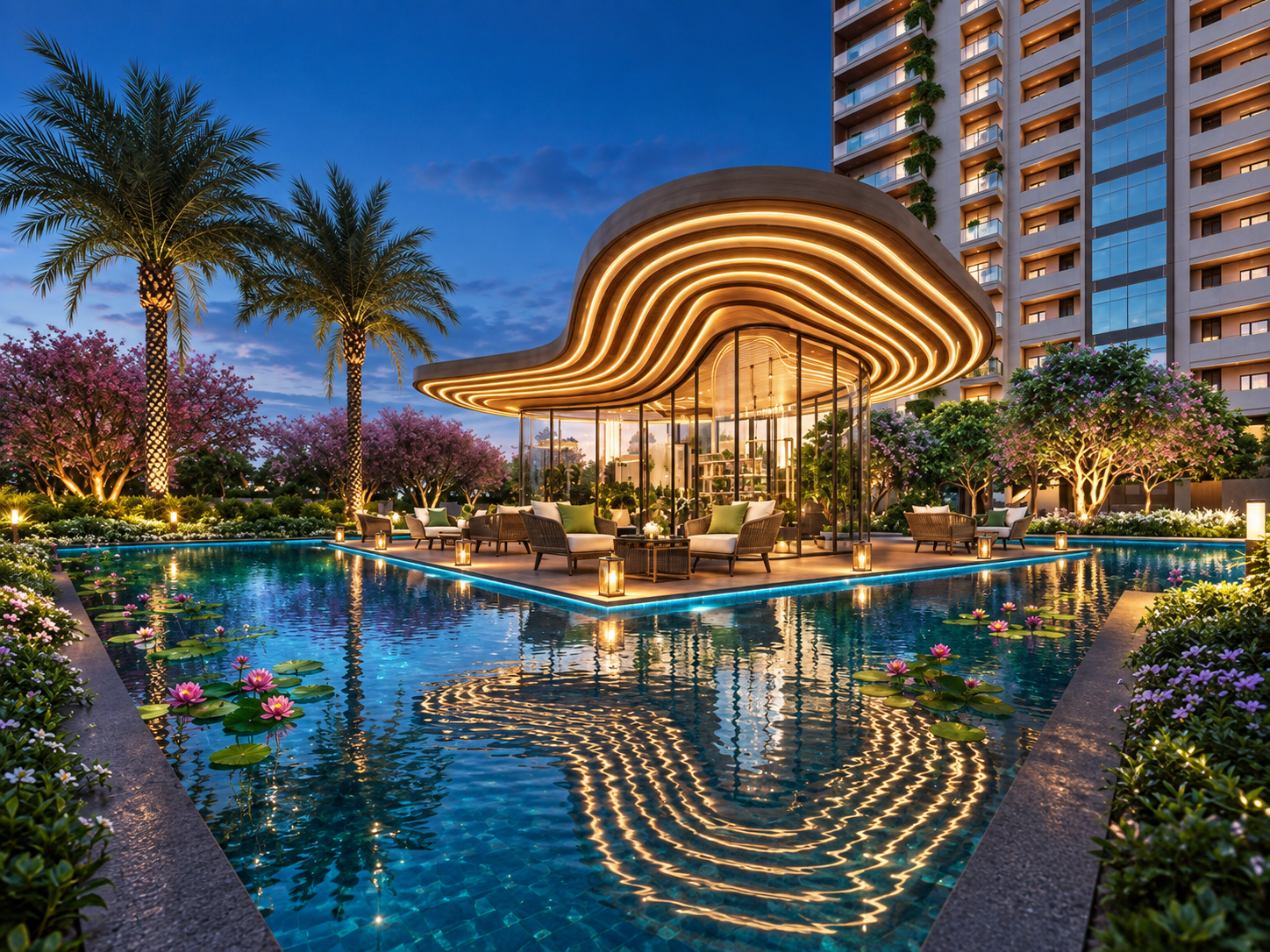 Cocoa County illuminated clubhouse and water feature